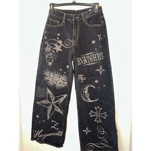 Harry Potter ROMWE Star & Moon Graphic Wide Leg Jeans size Large L 8 - 10 Y2K